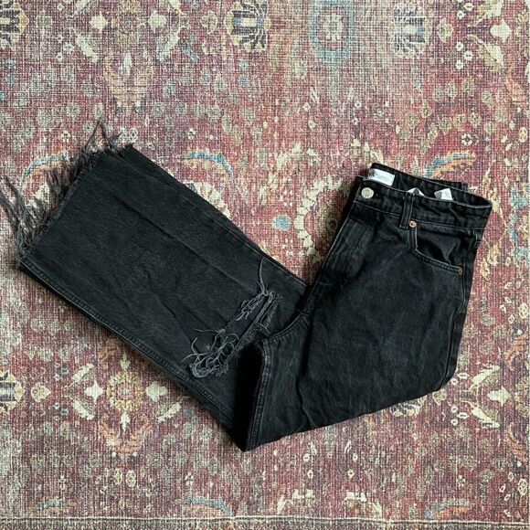 Trendy Zara wide leg cropped Black Distressed Jeans 100% cotton size 10 - Picture 10 of 11